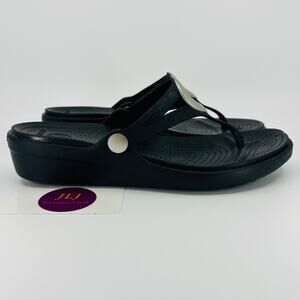 Crocs Women's Sanrah Ring Embellished Wedge Flip Flop Thong Sandals Black Size 8
